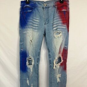 Rockstar Original Ultra Slim Moto Jeans Mens 38x33 Cross Painted Denim Distresse